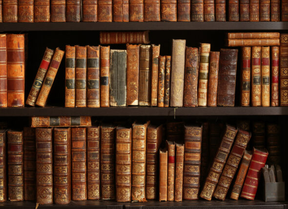 old books on wooden shelf
