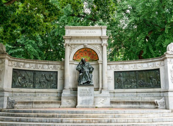 Washington, DC - June 27, 2022: Memorial to Samuel Hahnemann who was a German physician known for creating the system of alternative medicine called homeopathy.